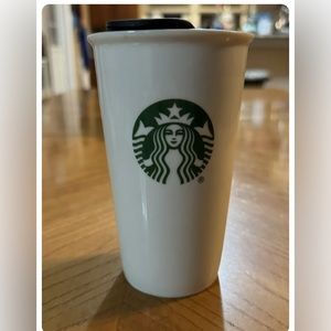 Starbucks Ceramic Travel Mug 10 Oz White Tumbler with Black Lid